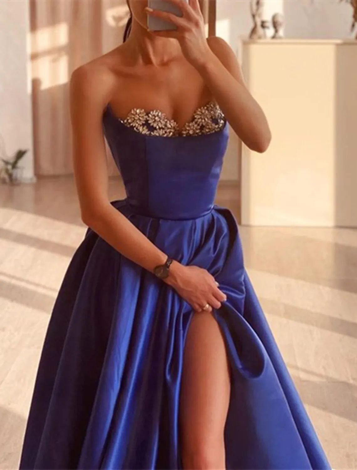 A-Line Evening Gown High Split Dress Wedding Prom Court Train Sleeveless Strapless Satin with Rhinestone Slit