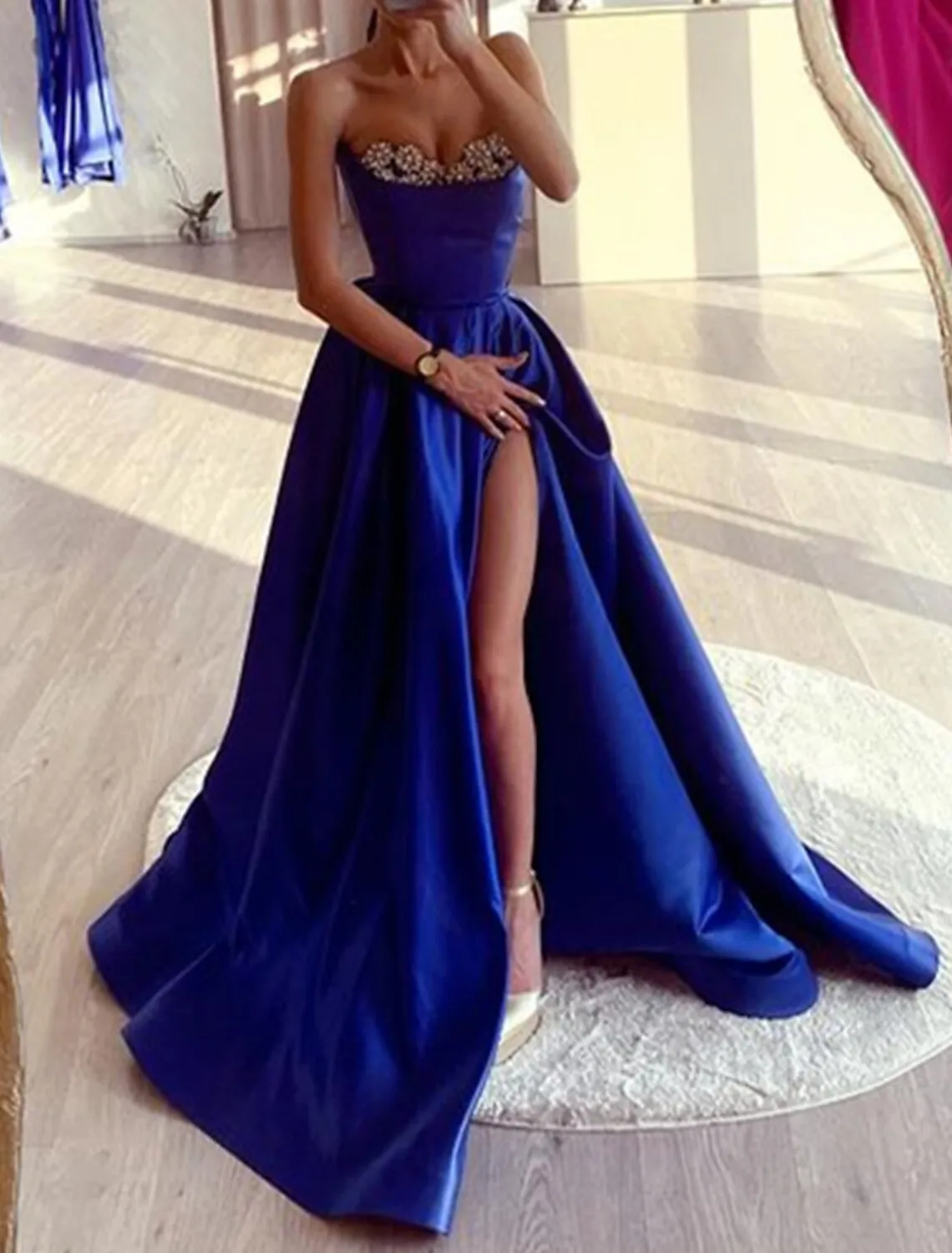 A-Line Evening Gown High Split Dress Wedding Prom Court Train Sleeveless Strapless Satin with Rhinestone Slit