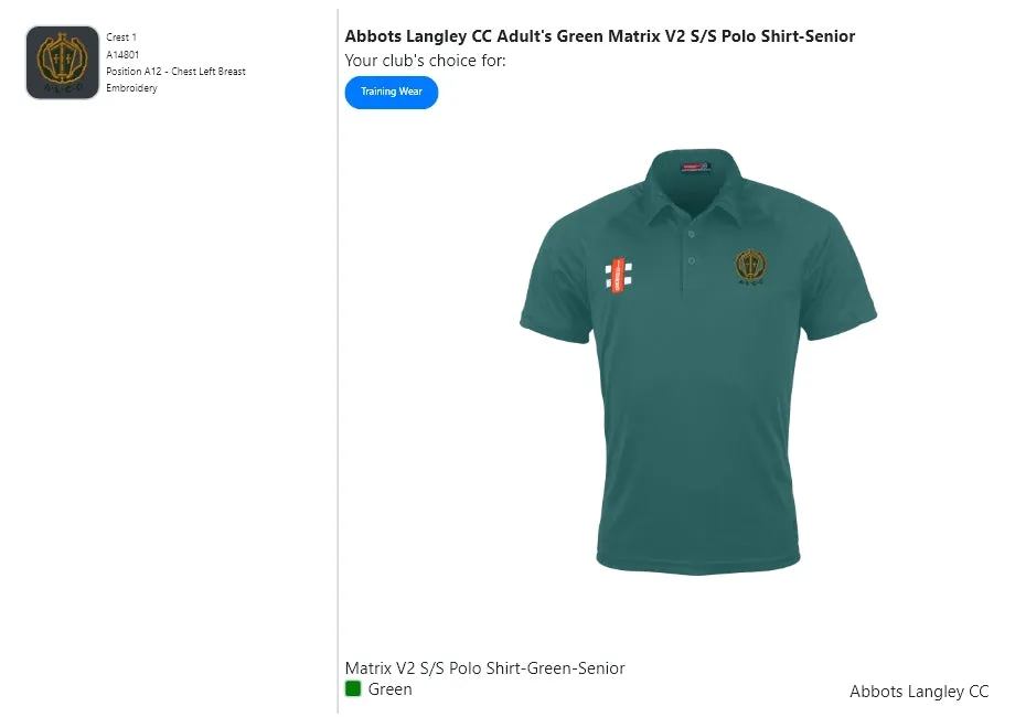 Abbots Langley CC  Adult's Green Matrix V2 S/S Polo Shirt-Senior