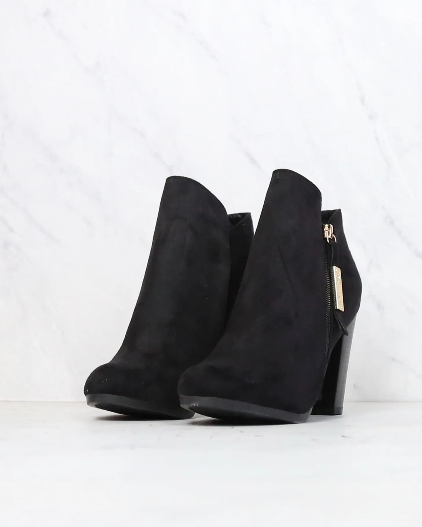 Almond Toe Stacked Heel Vegan Suede Booties in More Colors