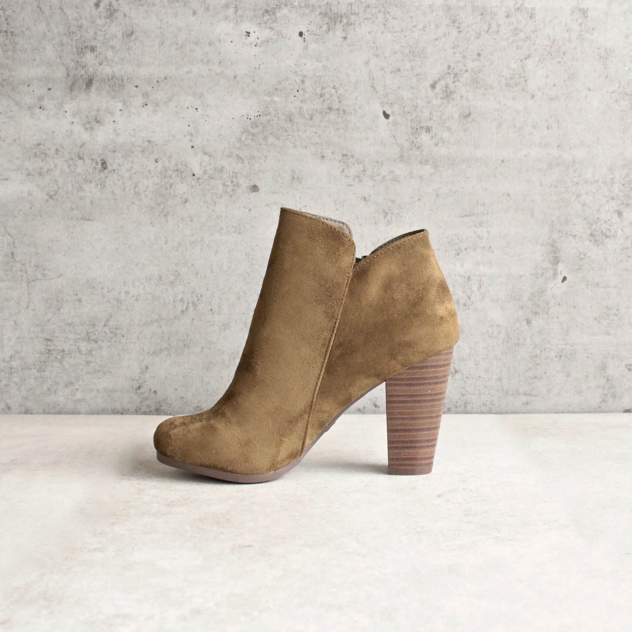 Almond Toe Stacked Heel Vegan Suede Booties in More Colors