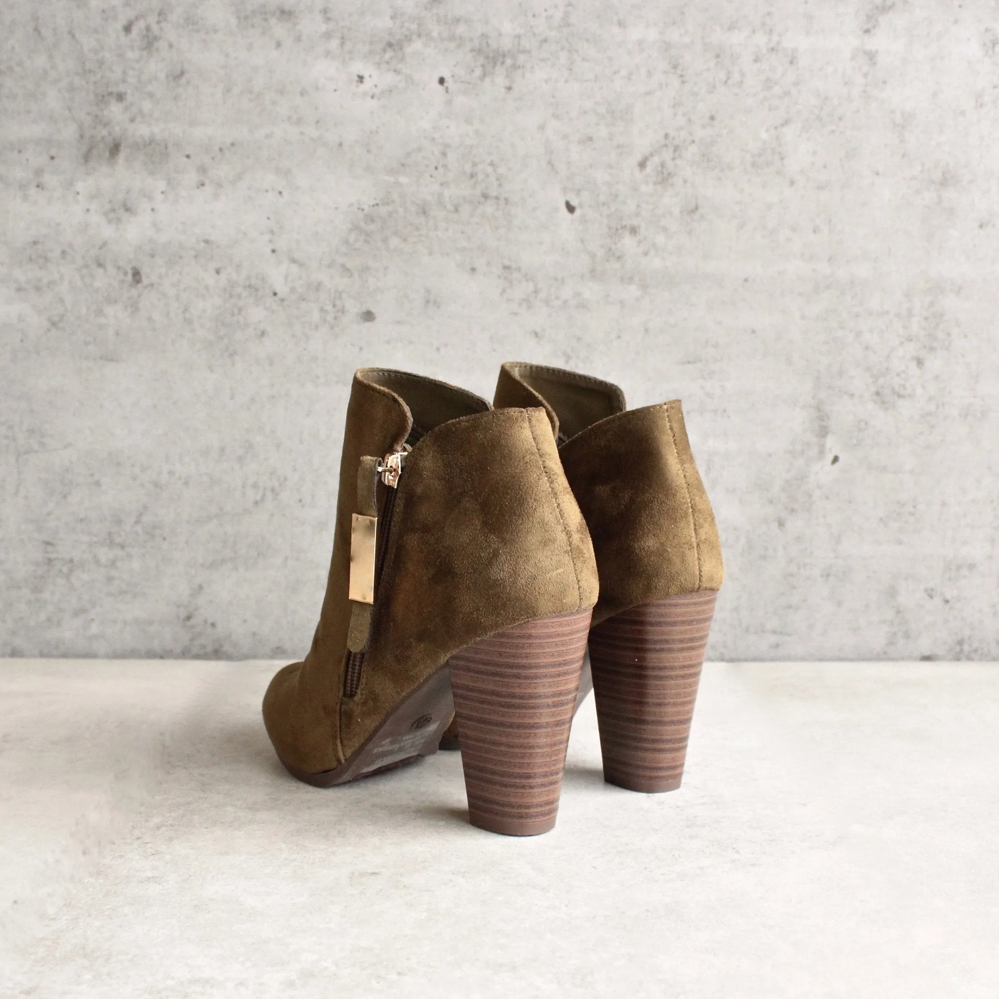 Almond Toe Stacked Heel Vegan Suede Booties in More Colors