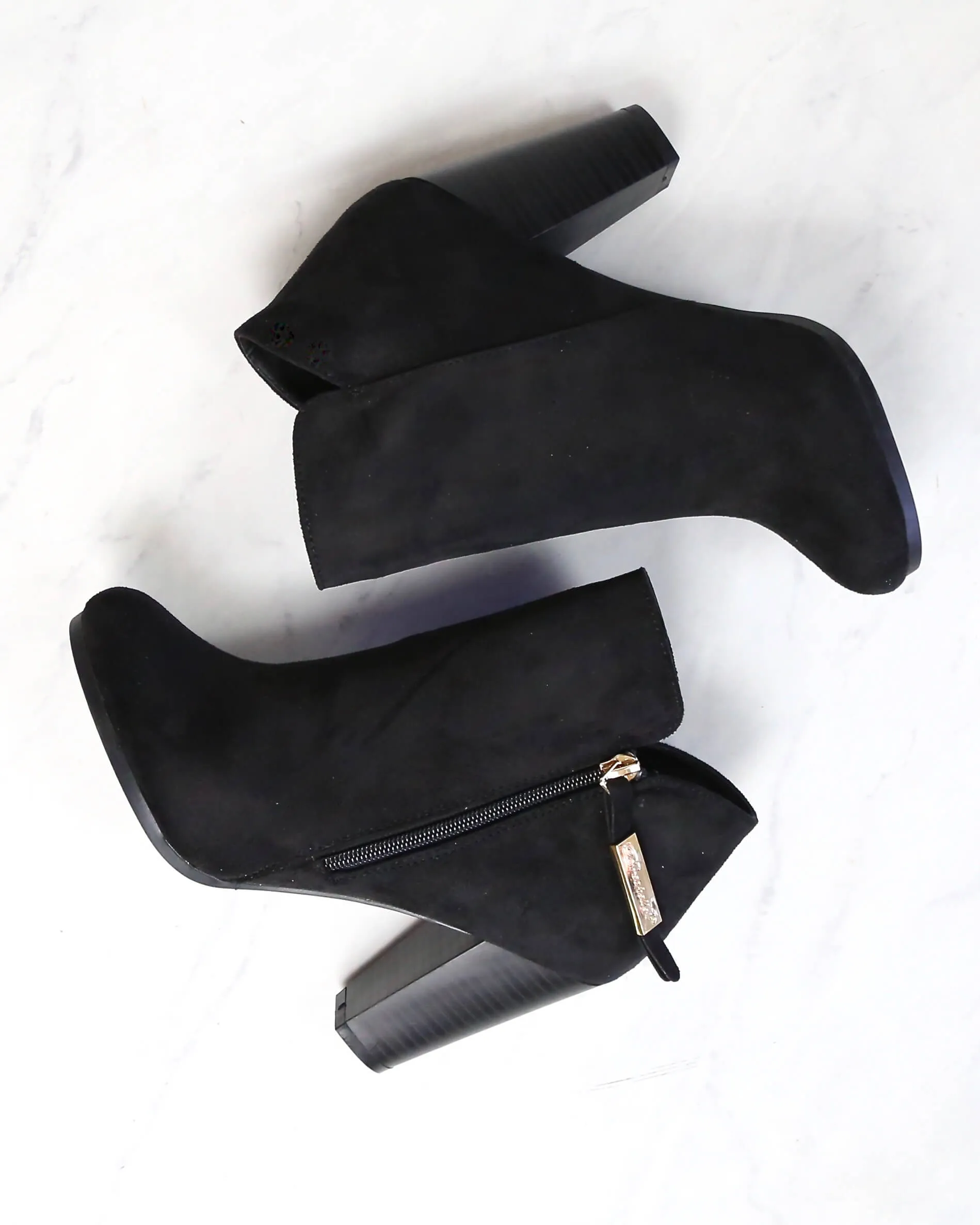 Almond Toe Stacked Heel Vegan Suede Booties in More Colors