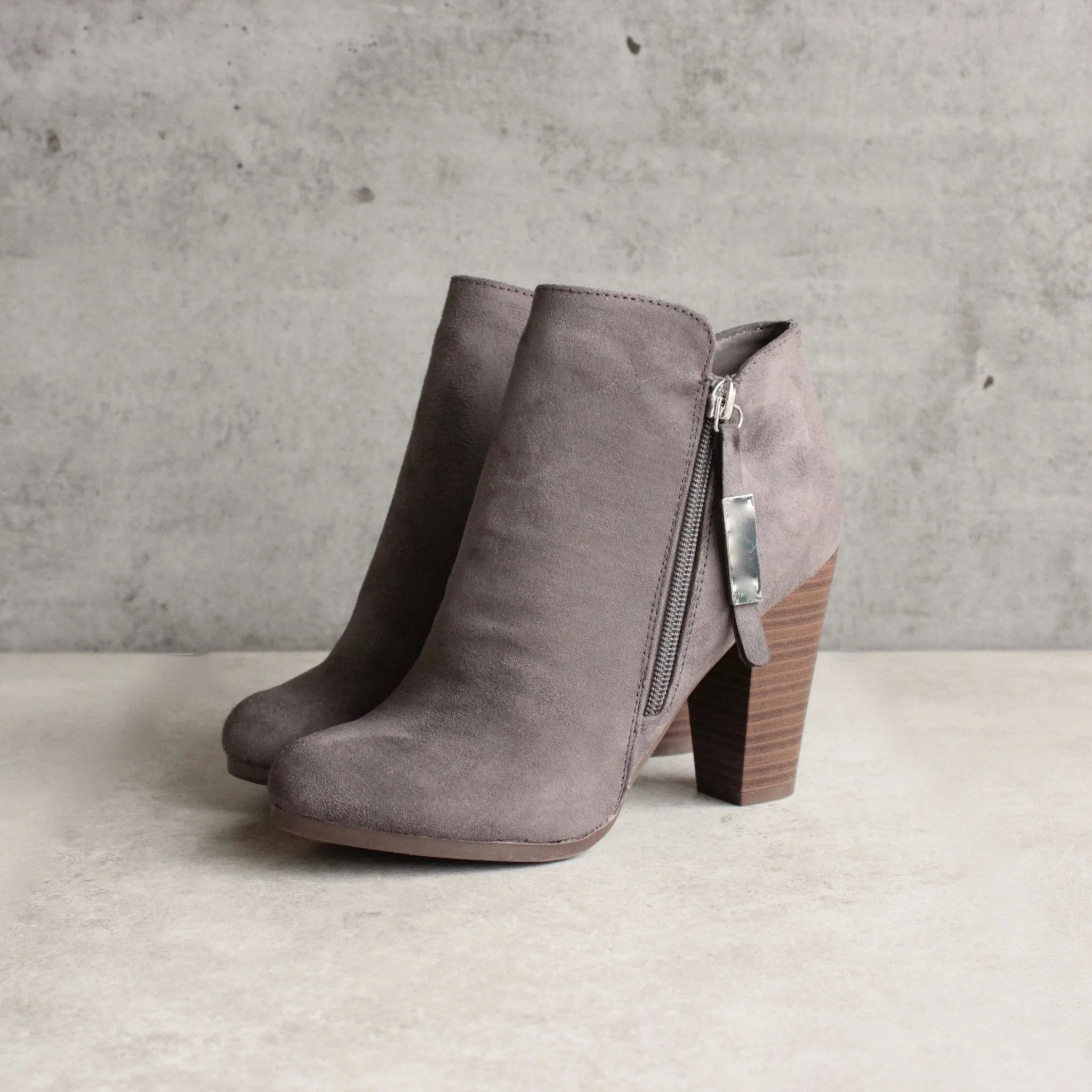 Almond Toe Stacked Heel Vegan Suede Booties in More Colors