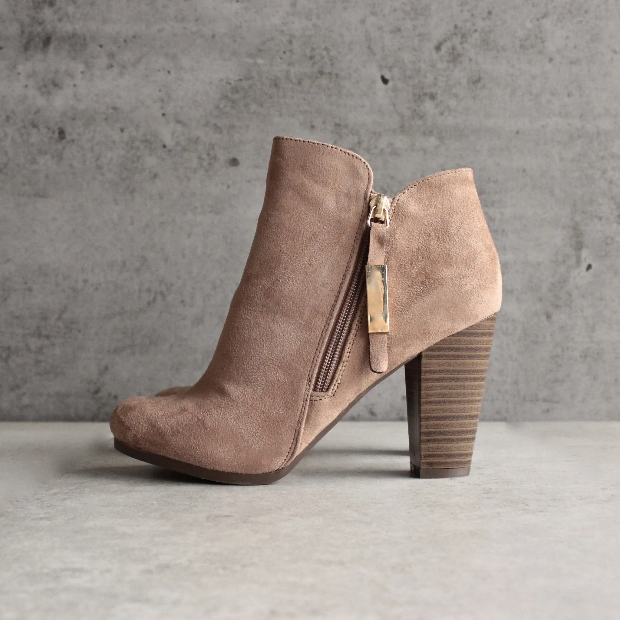 Almond Toe Stacked Heel Vegan Suede Booties in More Colors