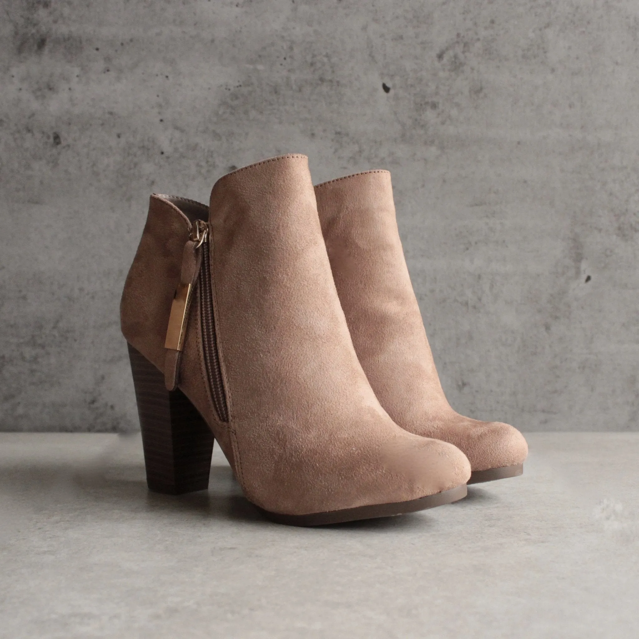 Almond Toe Stacked Heel Vegan Suede Booties in More Colors