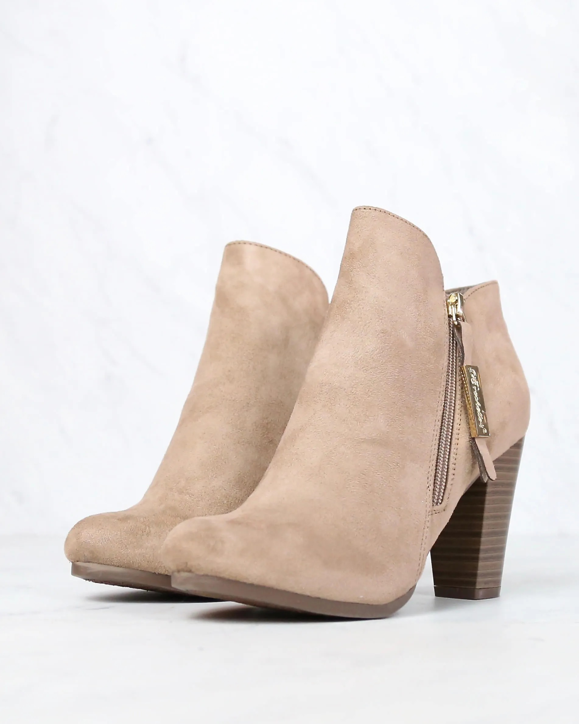 Almond Toe Stacked Heel Vegan Suede Booties in More Colors