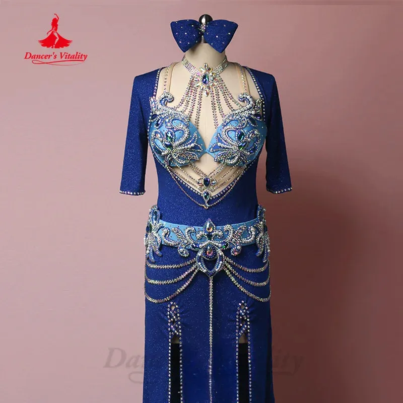 Belly Dance Performance Costumes Robe for Women Customized Spandex Robe diamond Bra  headscarf belt 4pcs Oriental Dancing Outfit