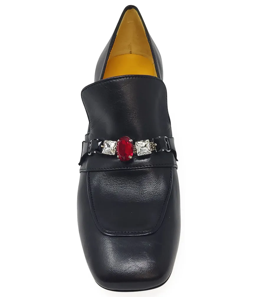 Black Leather Mid Heel Jeweled Loafer