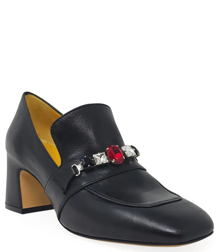 Black Leather Mid Heel Jeweled Loafer