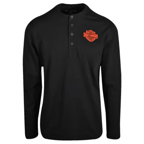 Branded  Men's T-Shirt Black Logo Four Button Long Sleeve Henley (S44)