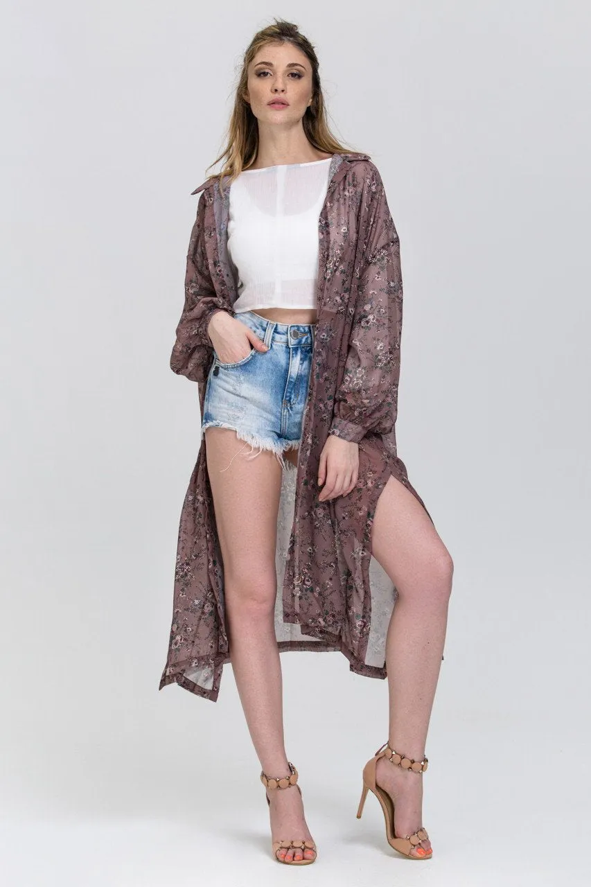 Brown Vintage Floral Print Sheer Shirt Robe Top