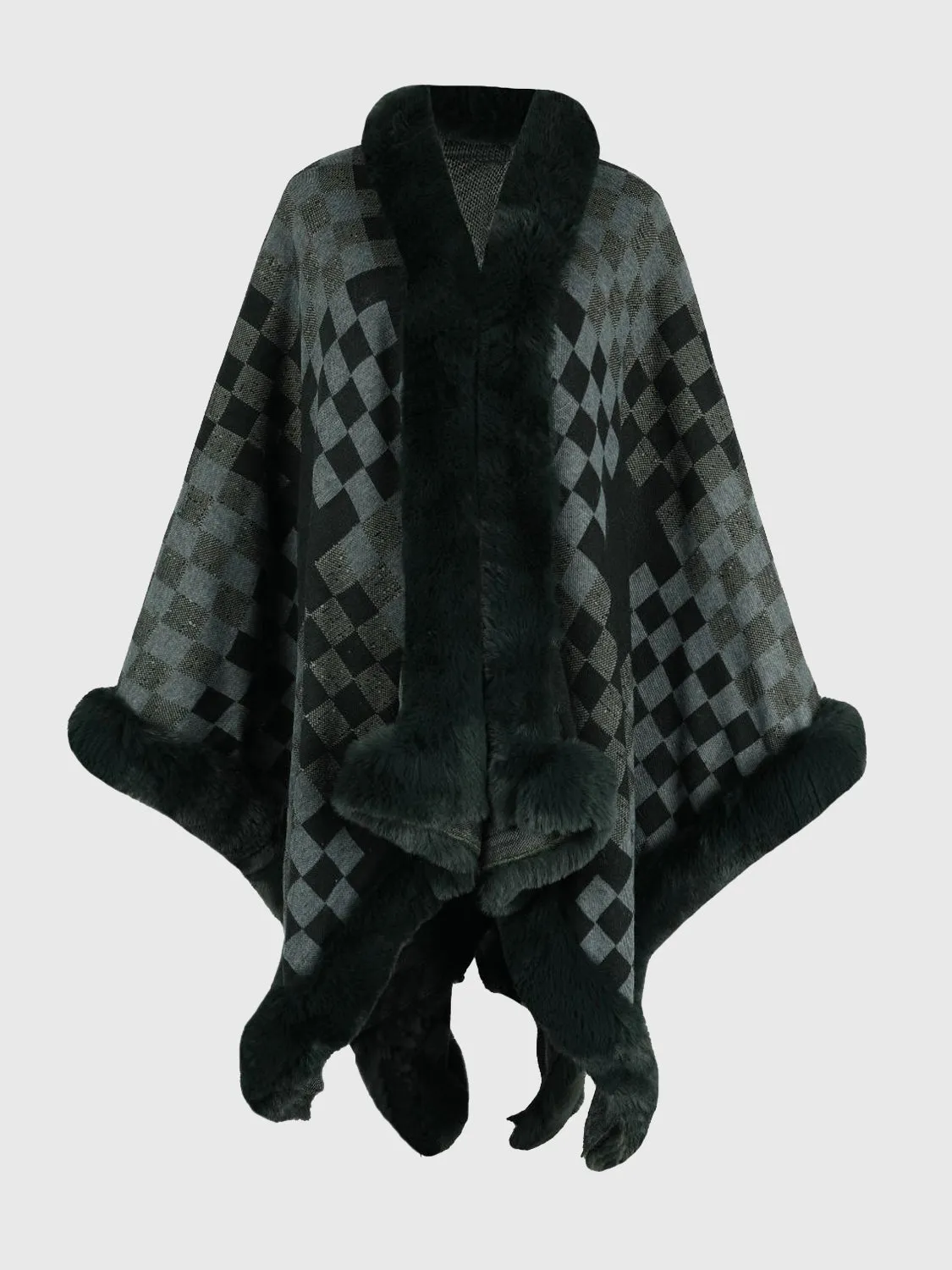 Checkered Faux Fur Trim Poncho