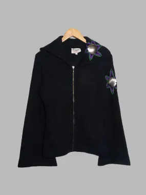 Dirk Bikkembergs winter 1996 black wool metal flower applique zip cardigan - S