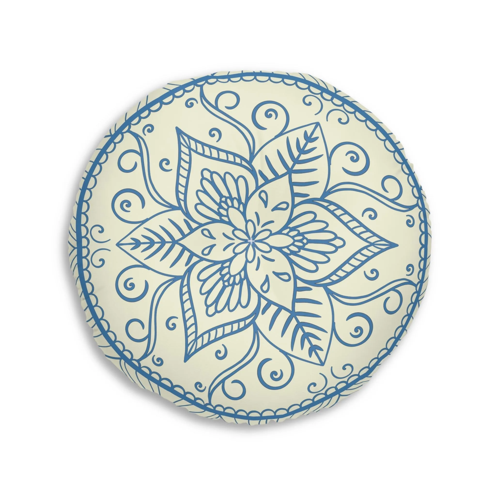 Handmade Mandala Art Floor Cushion - Steel Blue on Beige - Round Tufted