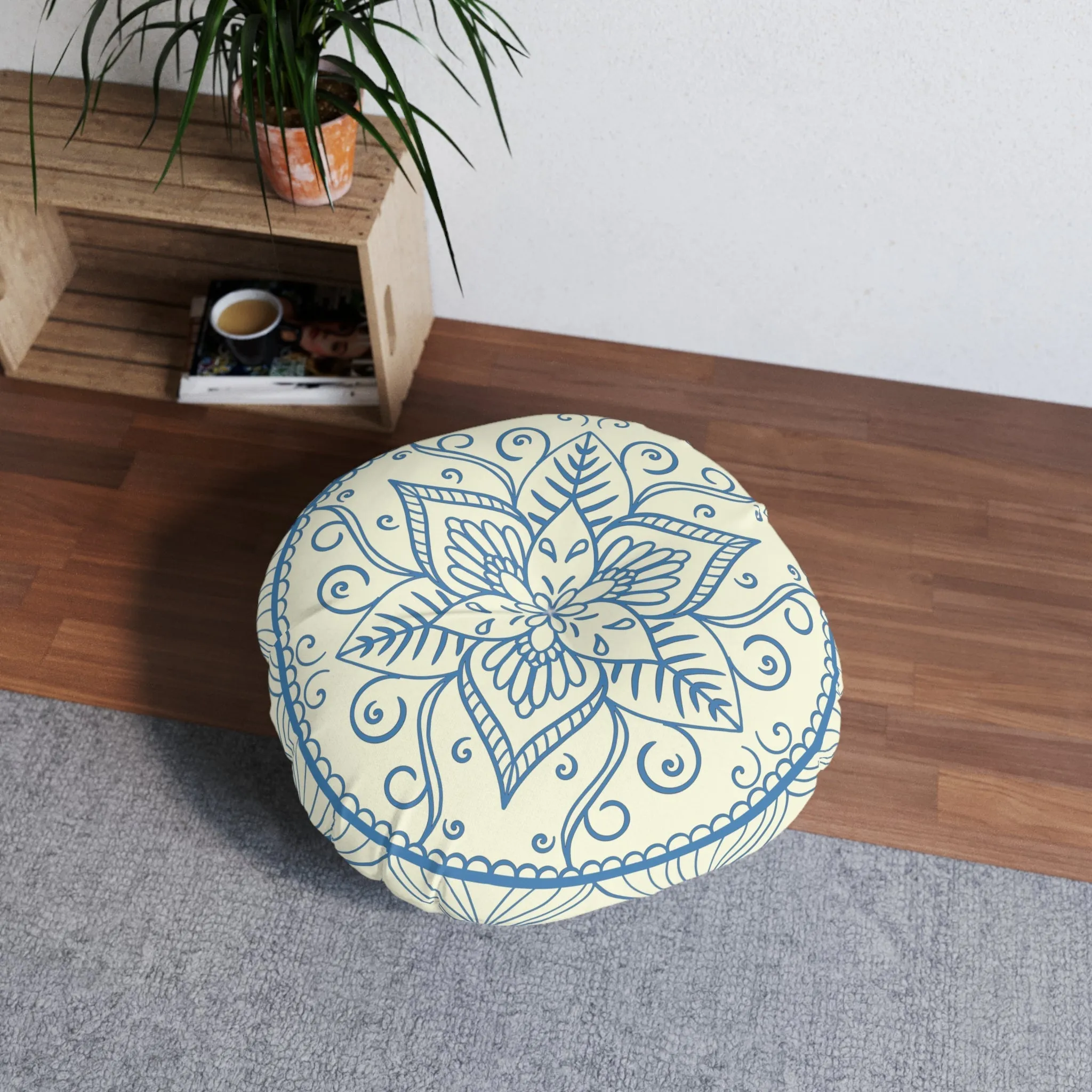 Handmade Mandala Art Floor Cushion - Steel Blue on Beige - Round Tufted