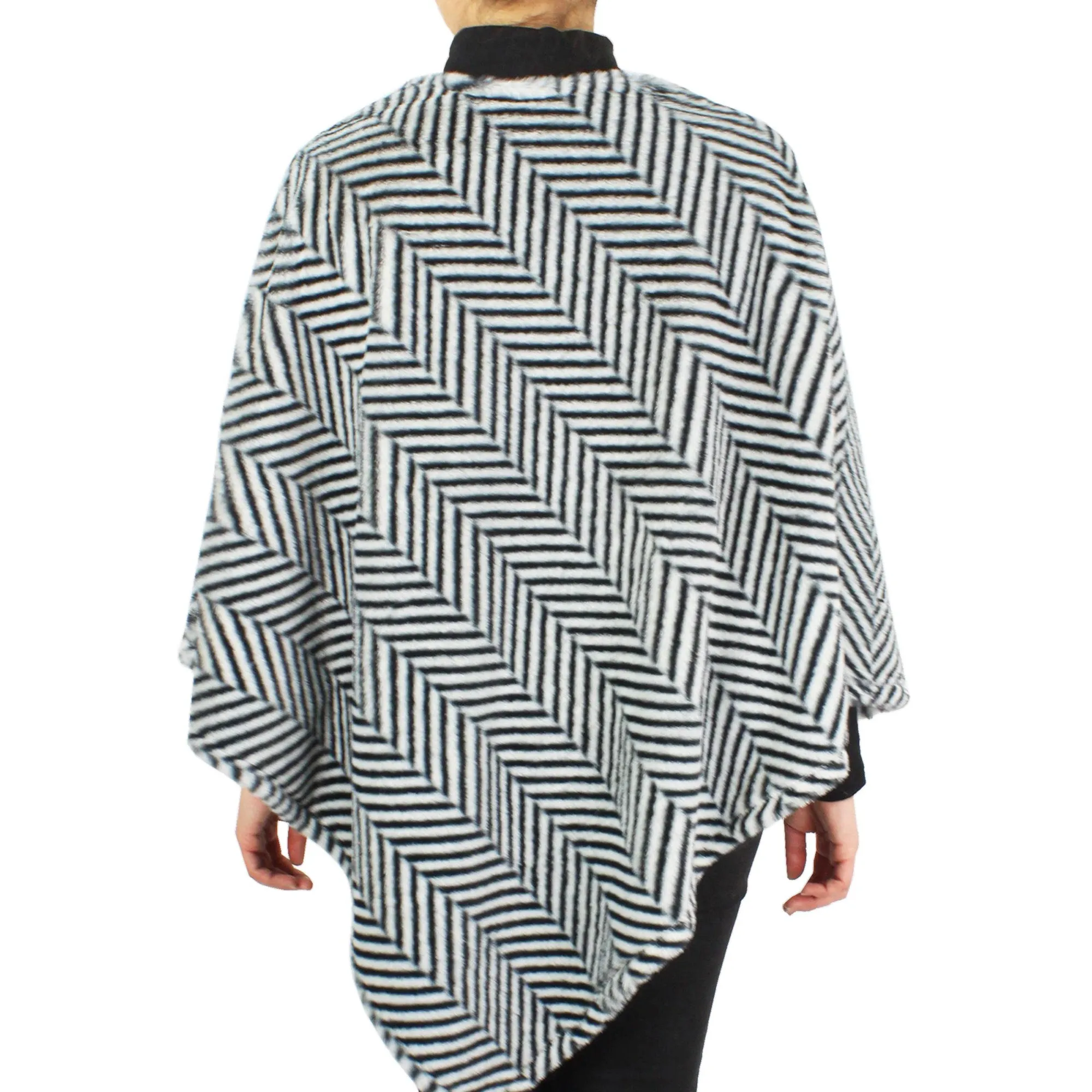 Herringbone Print Faux Fur Poncho