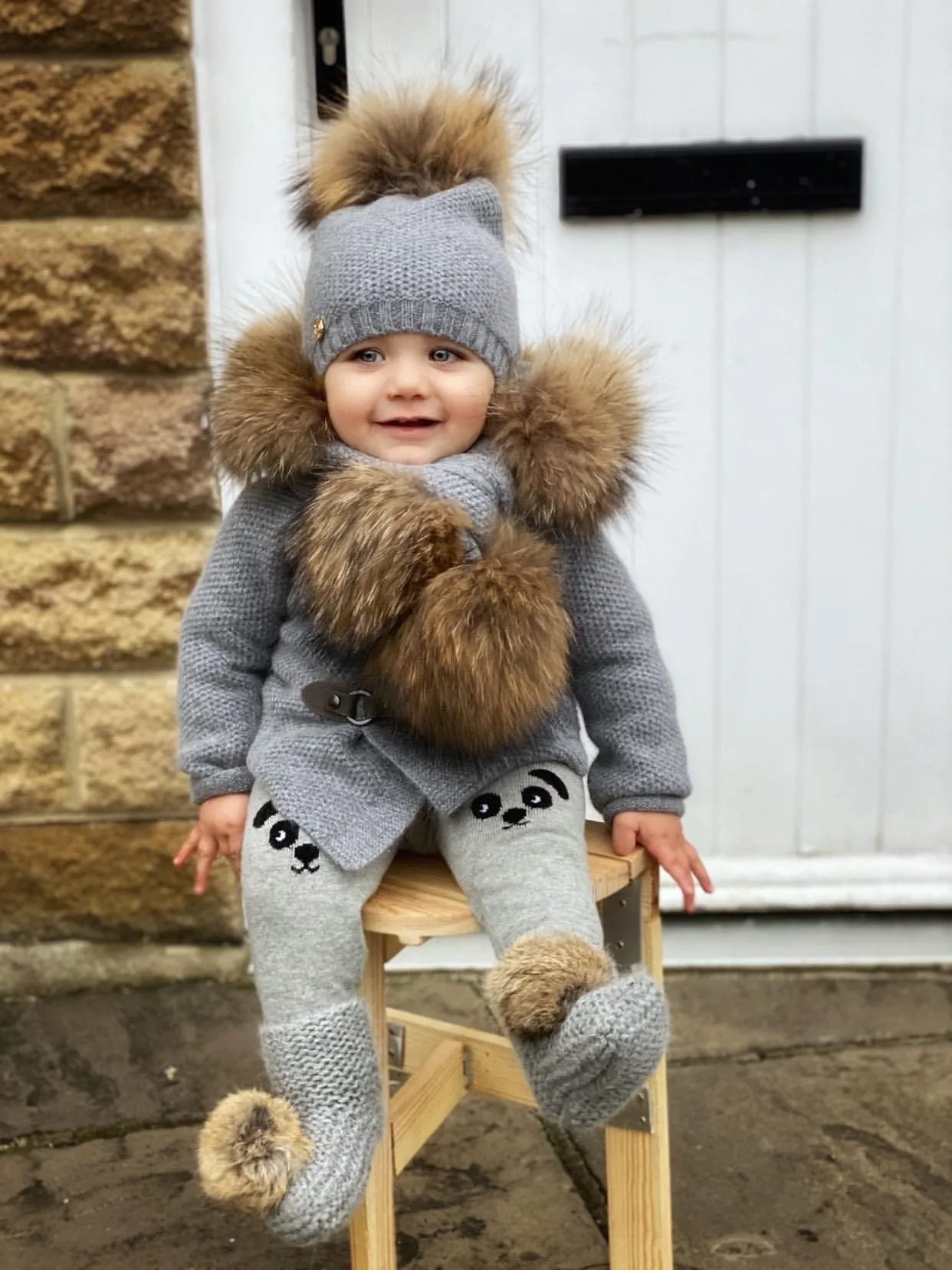 Honeycomb Grey Cashmere Pram Coat with Natural Trim