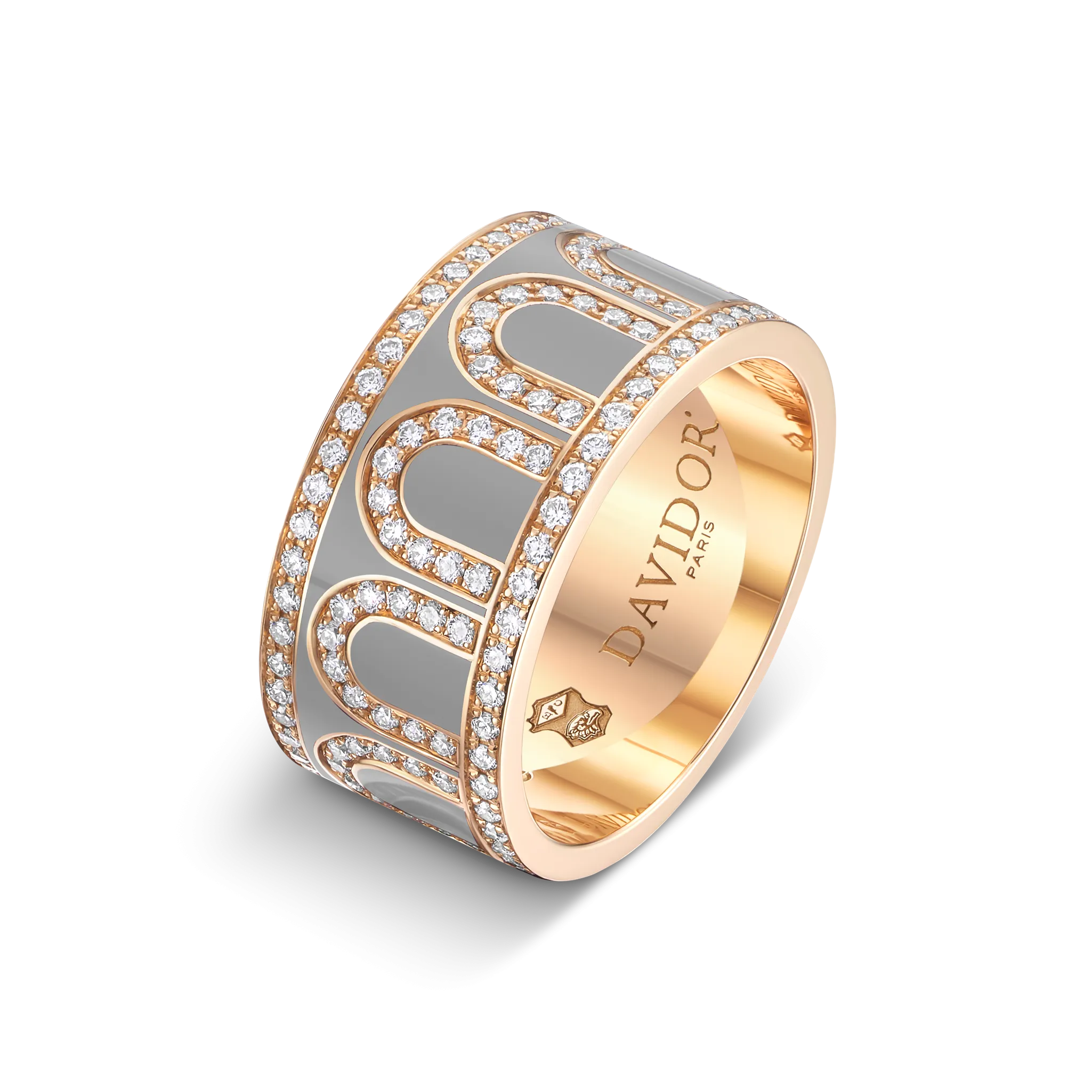 L'Arc de DAVIDOR Ring GM, 18k Rose Gold with Anthracite Lacquered Ceramic and Palais Diamonds