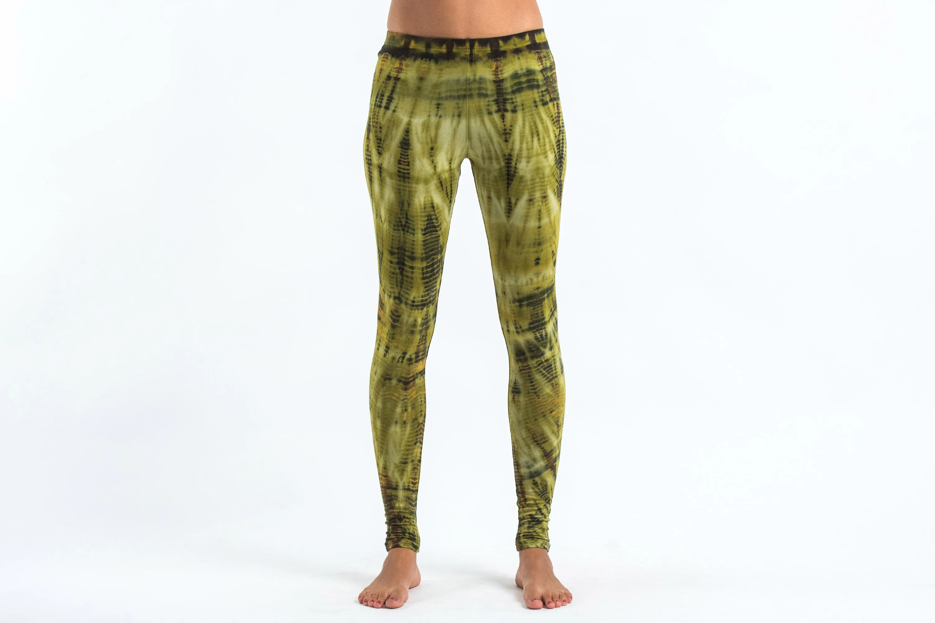 Lightning Stripes Tie Dye Cotton Leggings in Olive Gold