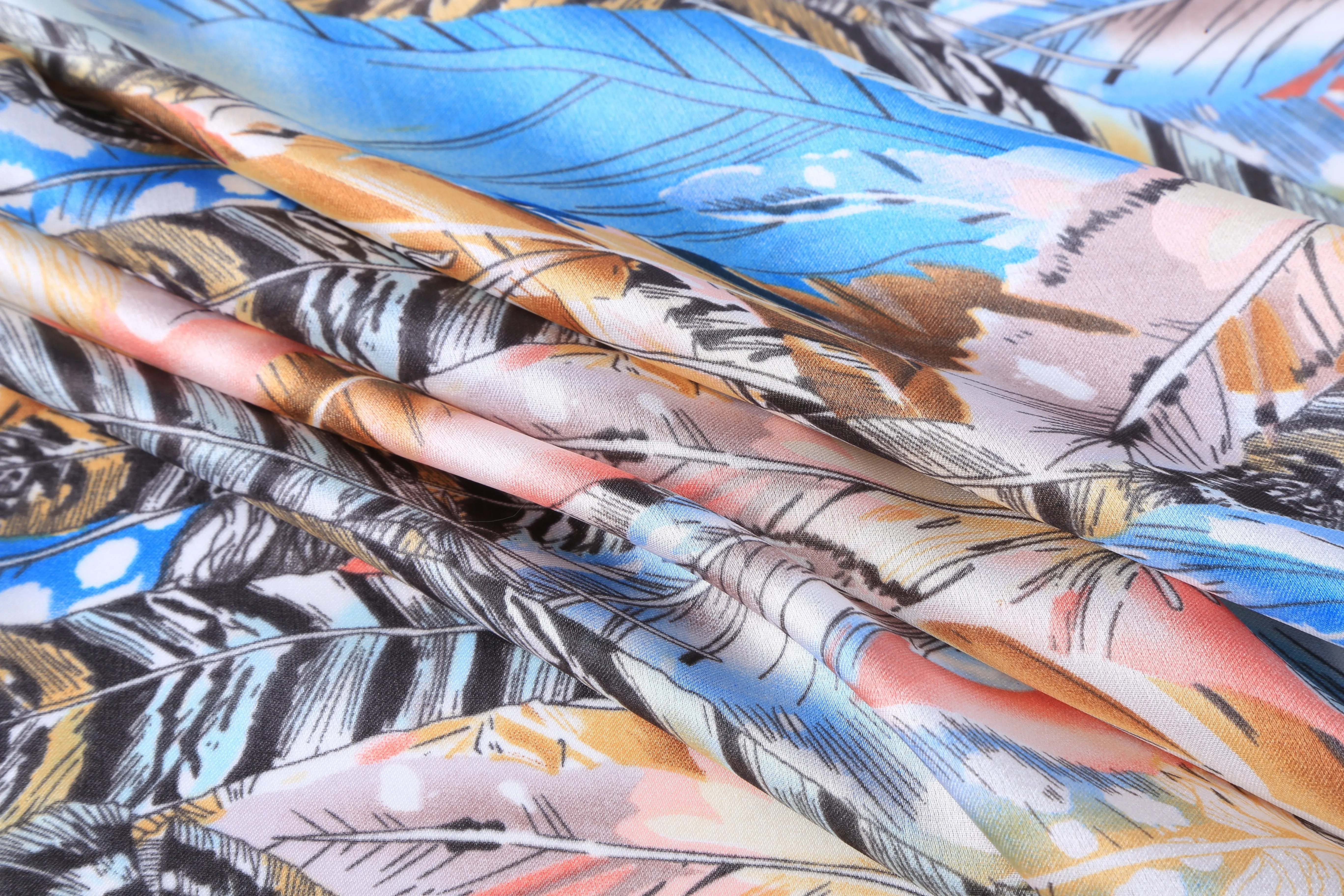 Long Silk Feel Satin Scarf Taupe and Blue Feathers Print LAT112