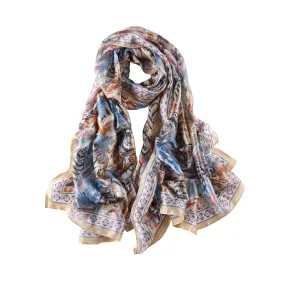 Long Silk Feel Satin Scarf Taupe and Blue Feathers Print LAT112