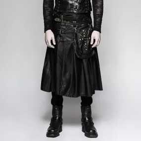 Men's Faux Leather Bucle-up Kilt With Waist Bag Black