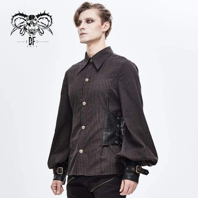 Men's Puff Sleeved Stripes Faux Leather Spliced Shirts