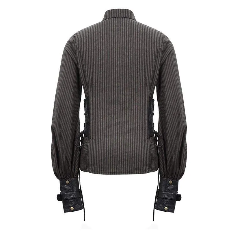 Men's Puff Sleeved Stripes Faux Leather Spliced Shirts