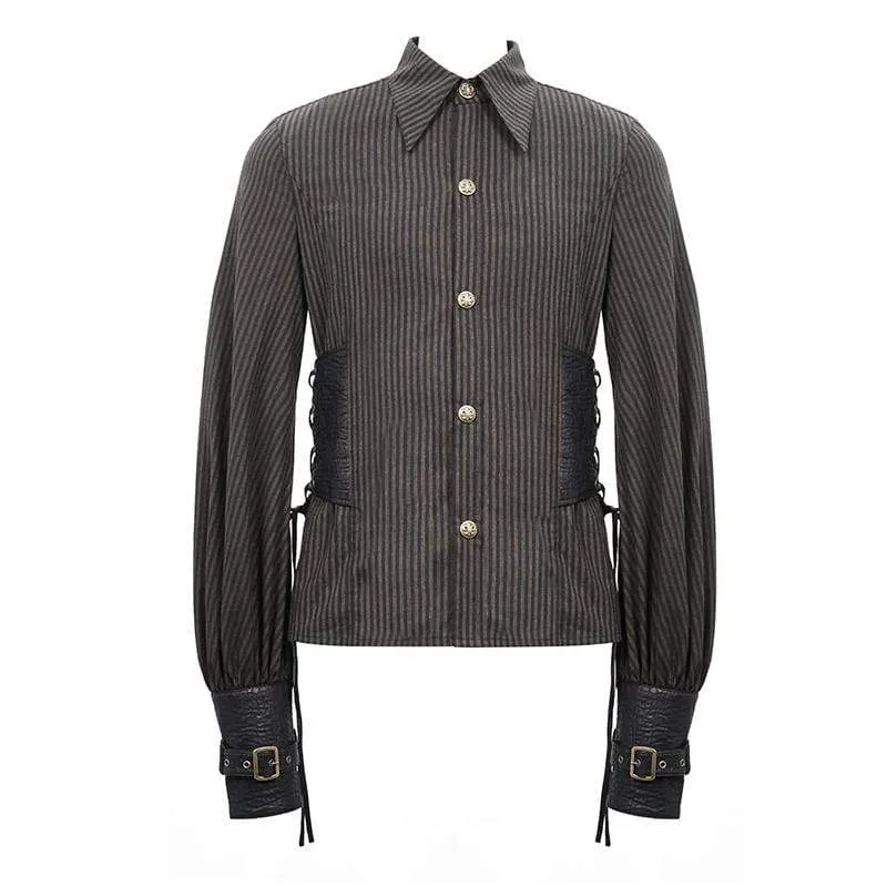 Men's Puff Sleeved Stripes Faux Leather Spliced Shirts