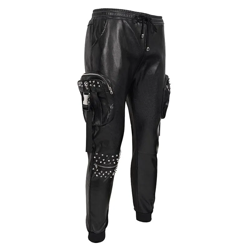 Men's Punk Big-pocket Rivets Faux Leather Pants