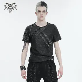 Men's Punk Buckle Splice Faux Leather T-shirt