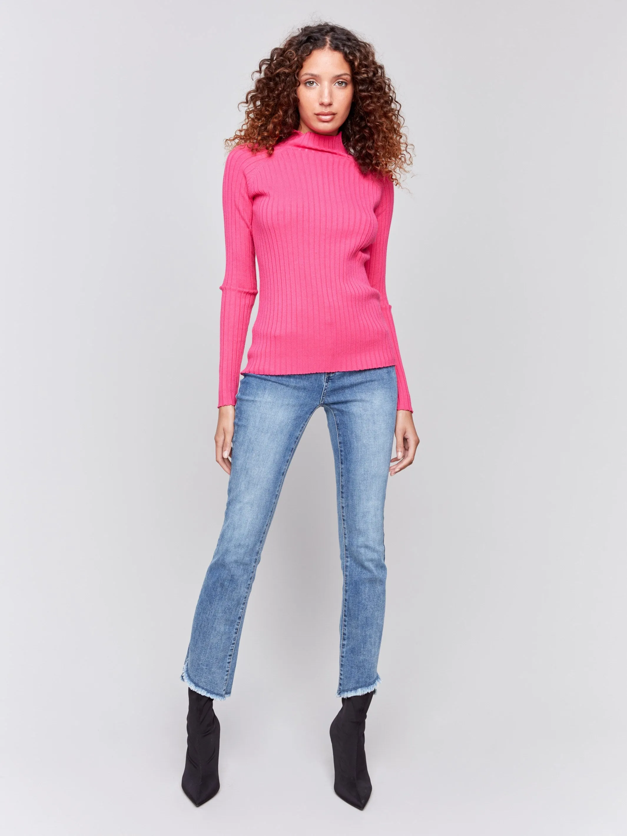 Ribbed Knit Mock Neck Sweater - Magenta