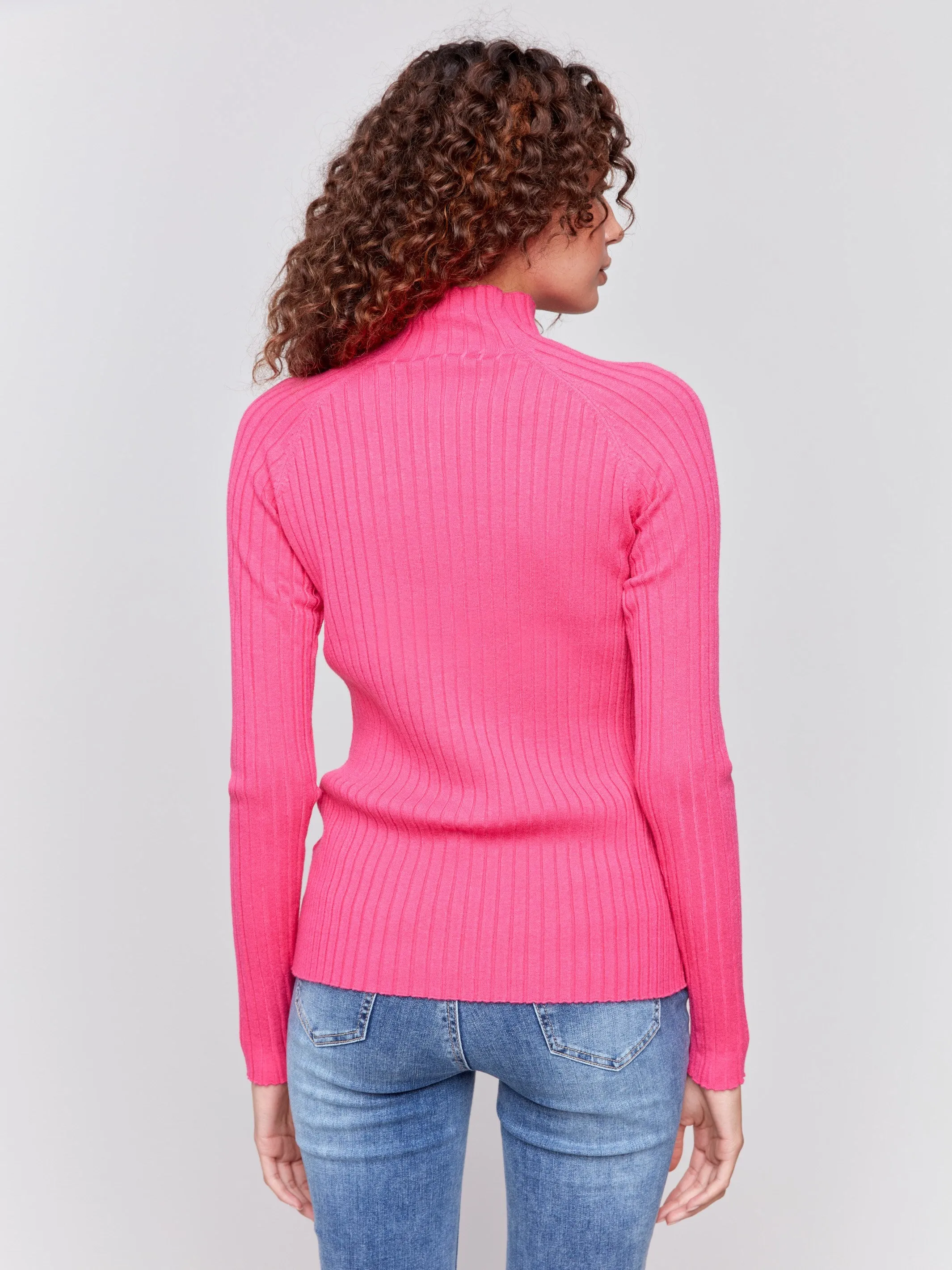 Ribbed Knit Mock Neck Sweater - Magenta