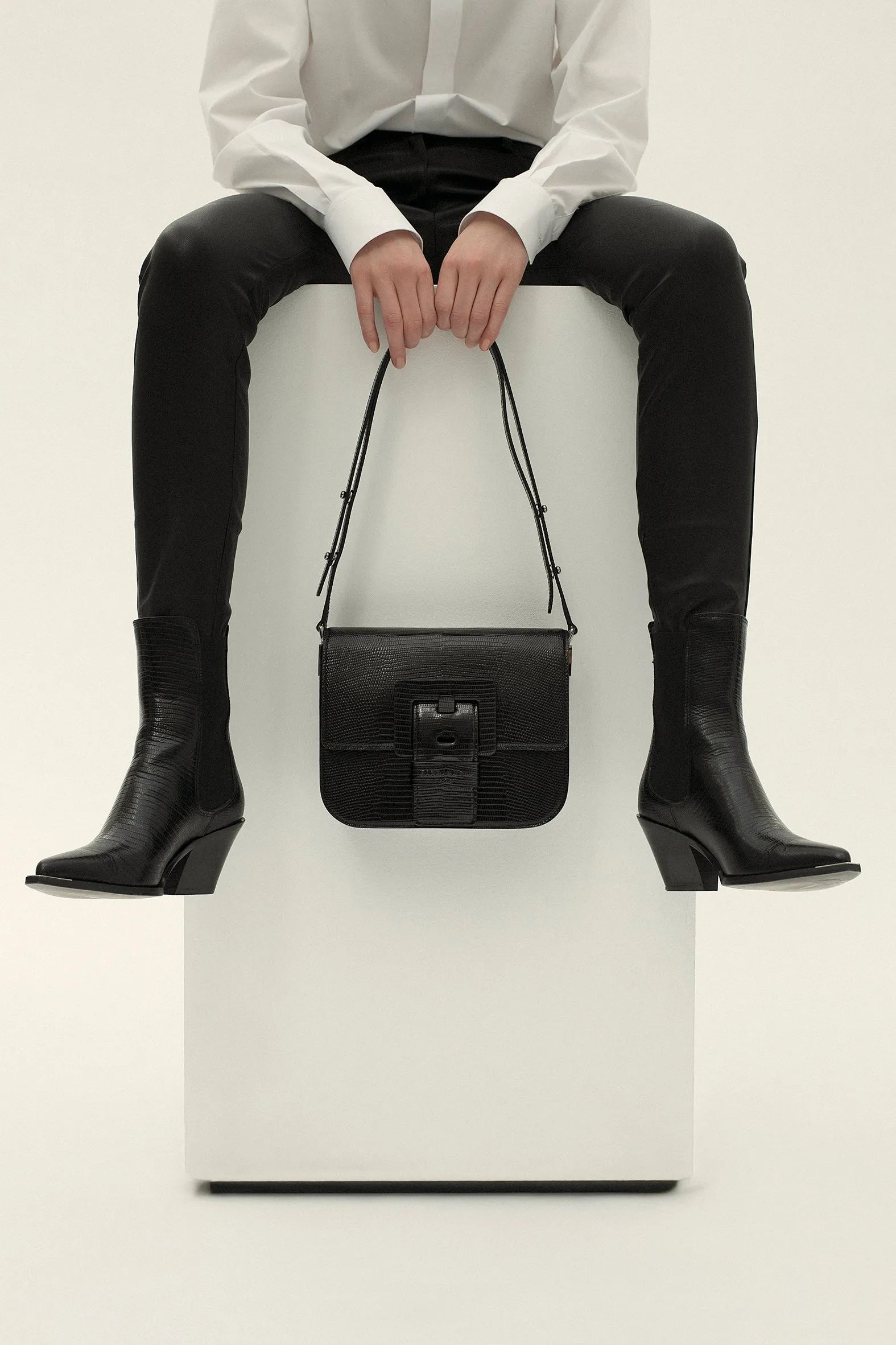 Sac "Touch Me" en cuir gaufré lézard noir