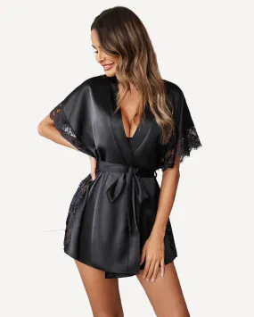 Satin Eyelash Lace Kimono Side Split Silk Robes